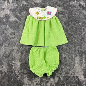 Vtg Copper Key Toddler 2T Collared Two-Piece Set Gingham Bee Embroidered Dress
